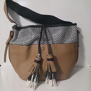 Aldo Purse Tote Shoulder Bag Brown Black Cream Tassle Accent